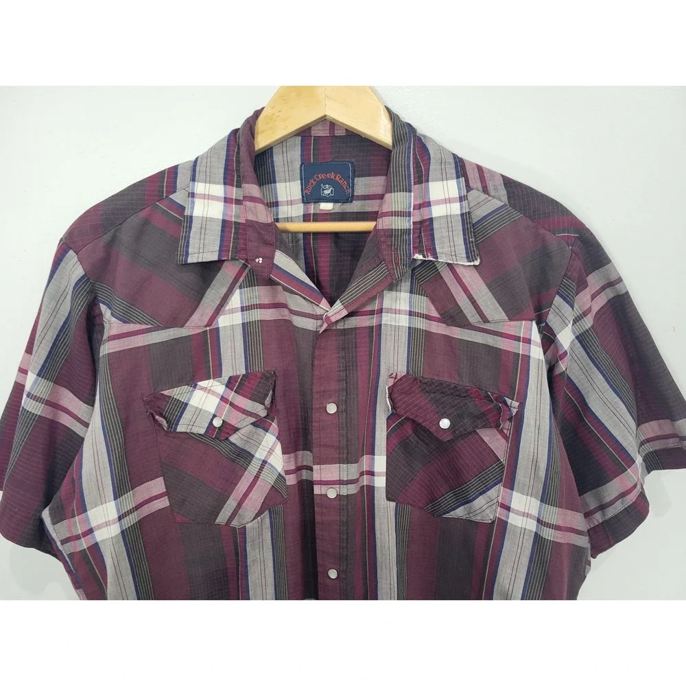 Rock Creek Ranch Mens Short Sleeve Western Snap Plaid Shirt Burgundy‎ Grey XL